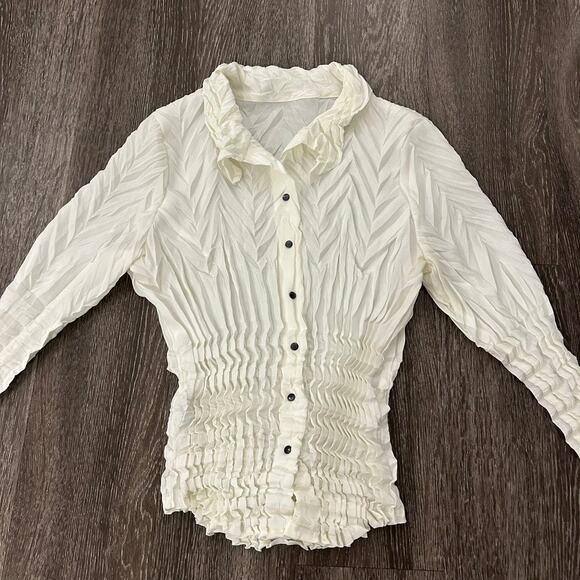 Babette Vintage Ivory Micropleat Button Front Top XS Long Sleeve Sculpted Blouse - Picture 7 of 16